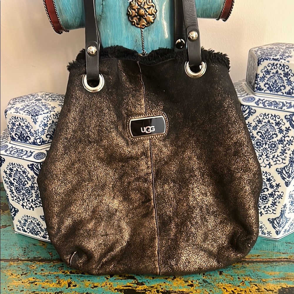 UGG Brown Shoulder Bag with Plush Texture and Silver Hardware